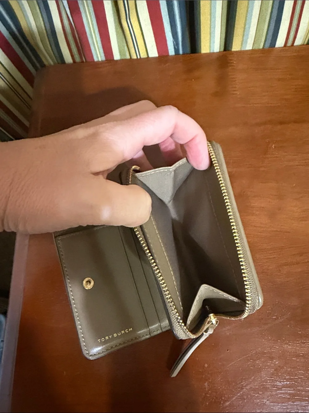 Tory Burch Quilted Zip Wallet in Taupe with Gold Logo